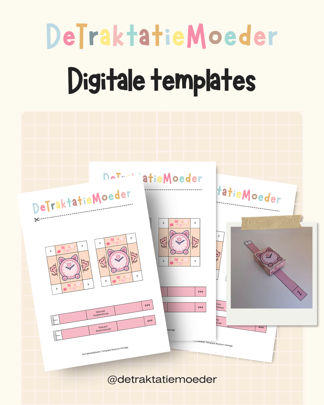 Rozijnen horloge traktatie template - Roze katjes